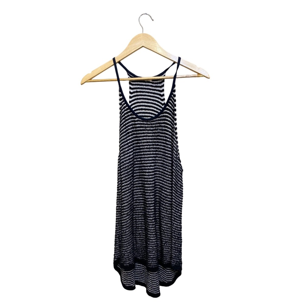 Eileen Fisher Organic Cotton Striped Racerback Tank Top Navy White Medium
